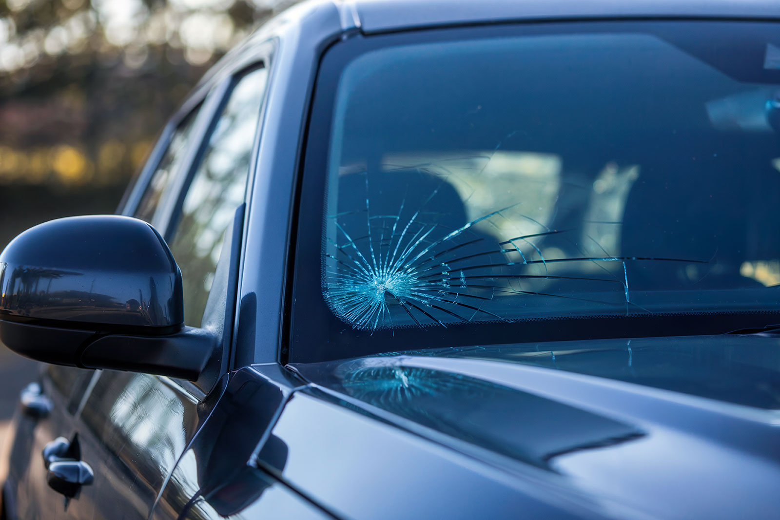Long crack across a windshield seen from the driver's seat