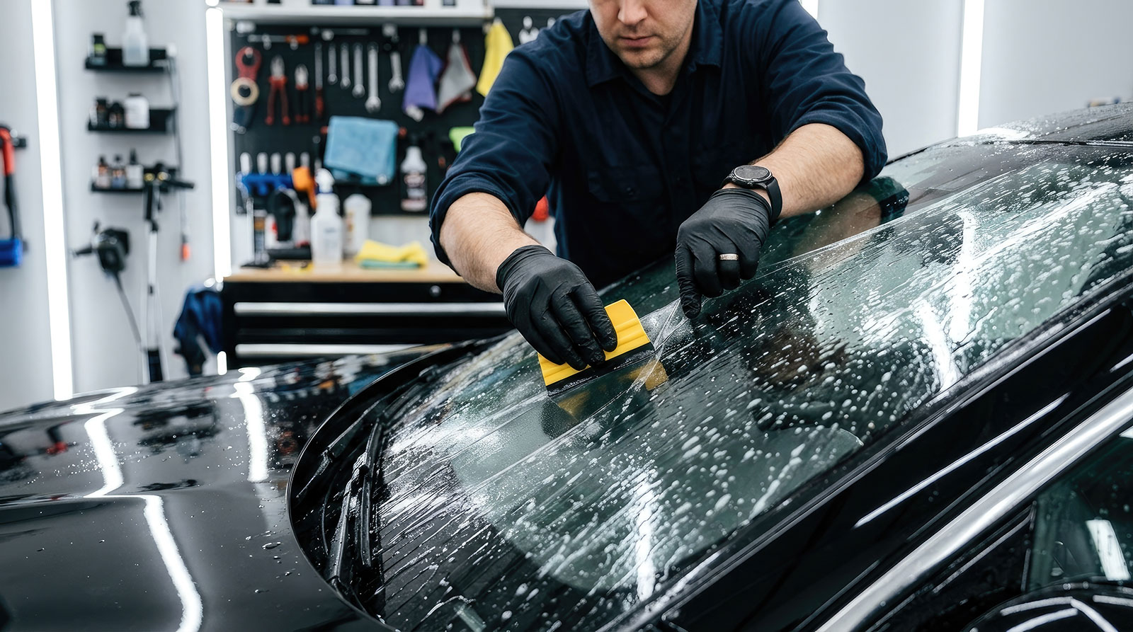 Freshly installed windshield with retention tape on the mouldings