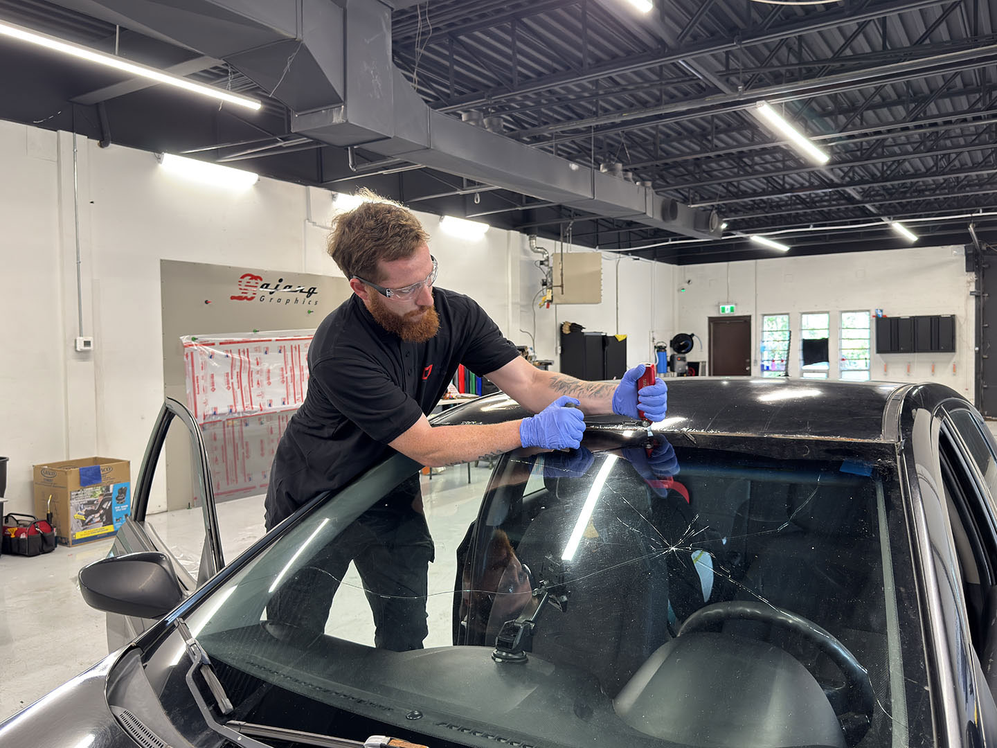 ADAS static calibration target in front of an SUV